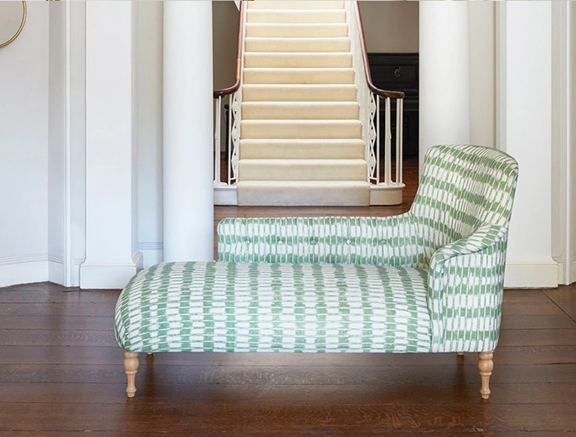 Anglesey Chaise LHF in V&A Brompton Collection Ikat Basil_mobile